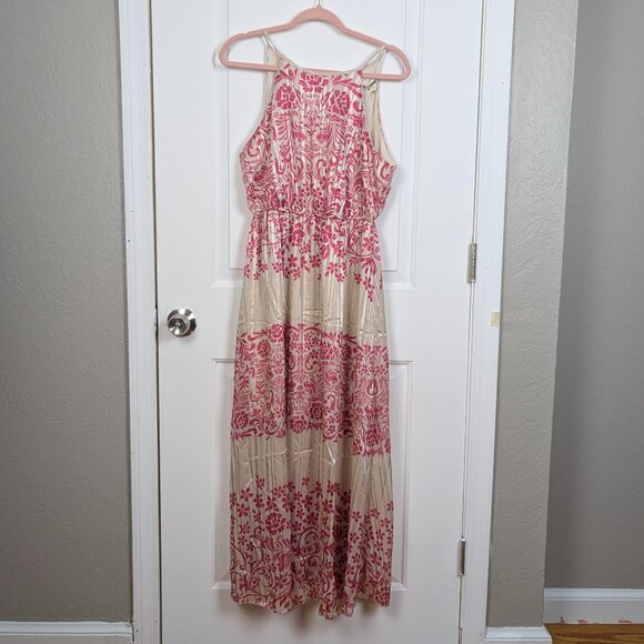 Savanna Jane | Pink Cream Ornate Damask Maxi Halter Dress Size Medium - Picture 1 of 9